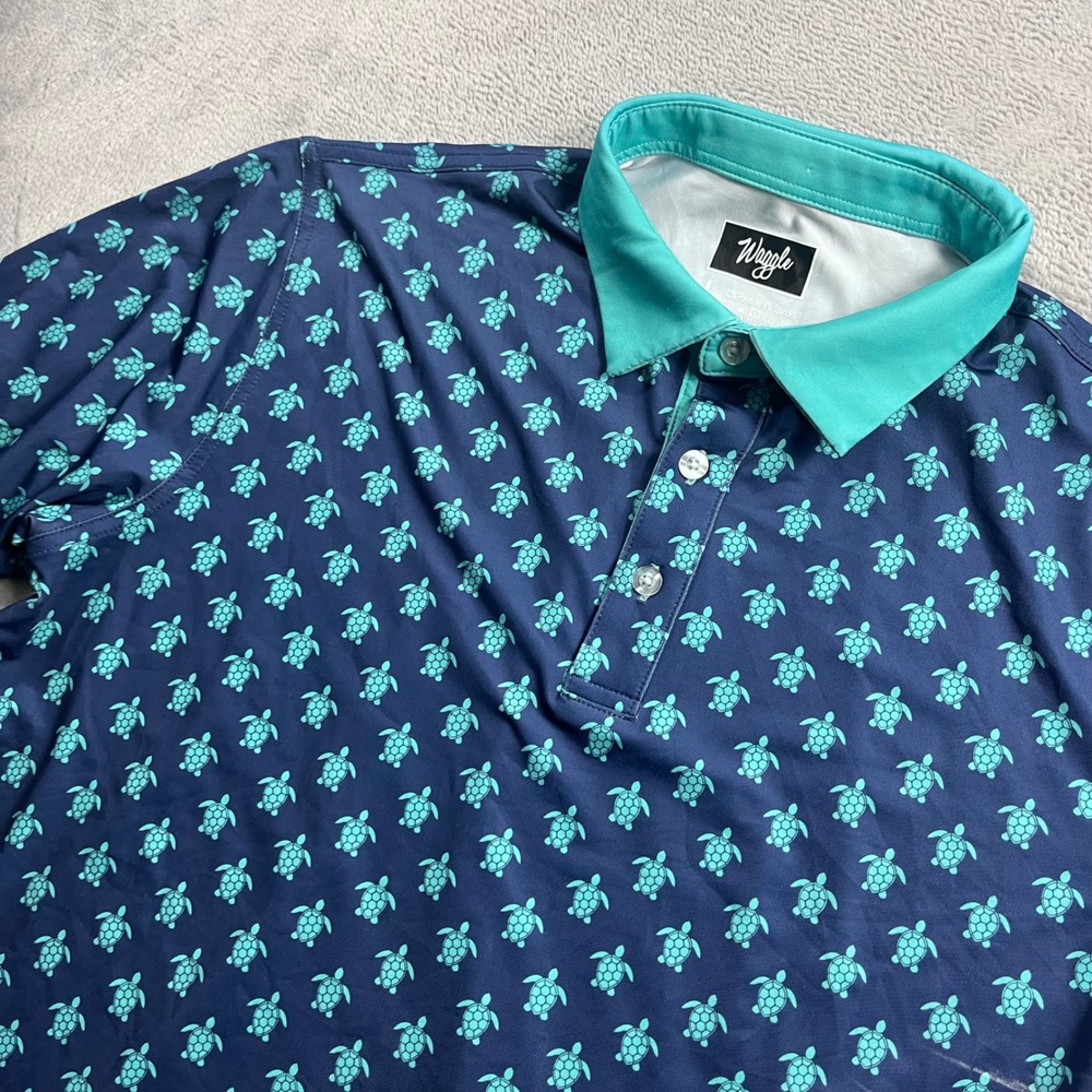 Waggle Golf Polo Shirt Mens Large Blue Teal Sea Turtle Print Performance Stretch - Picture 1 of 8